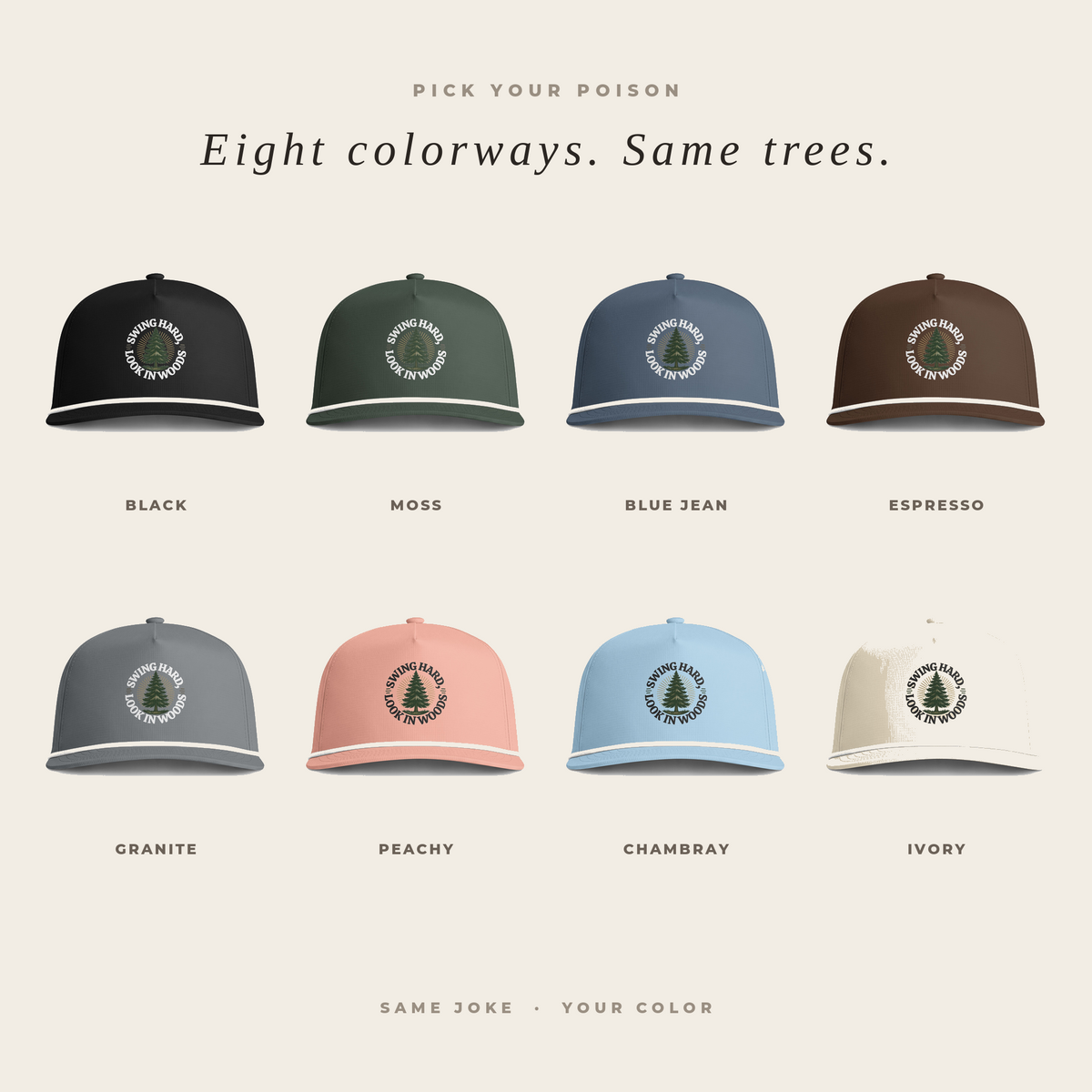 Eight colorways of the Swing Hard, Look in Woods rope hat — Black, Moss, Blue Jean, Espresso, Granite, Peachy, Chambray, Ivory