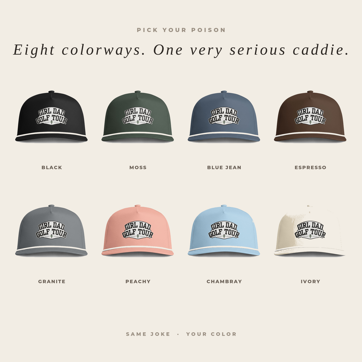 Eight colorways of the Girl Dad Golf Tour rope hat — Black, Moss, Blue Jean, Espresso, Granite, Peachy, Chambray, Ivory