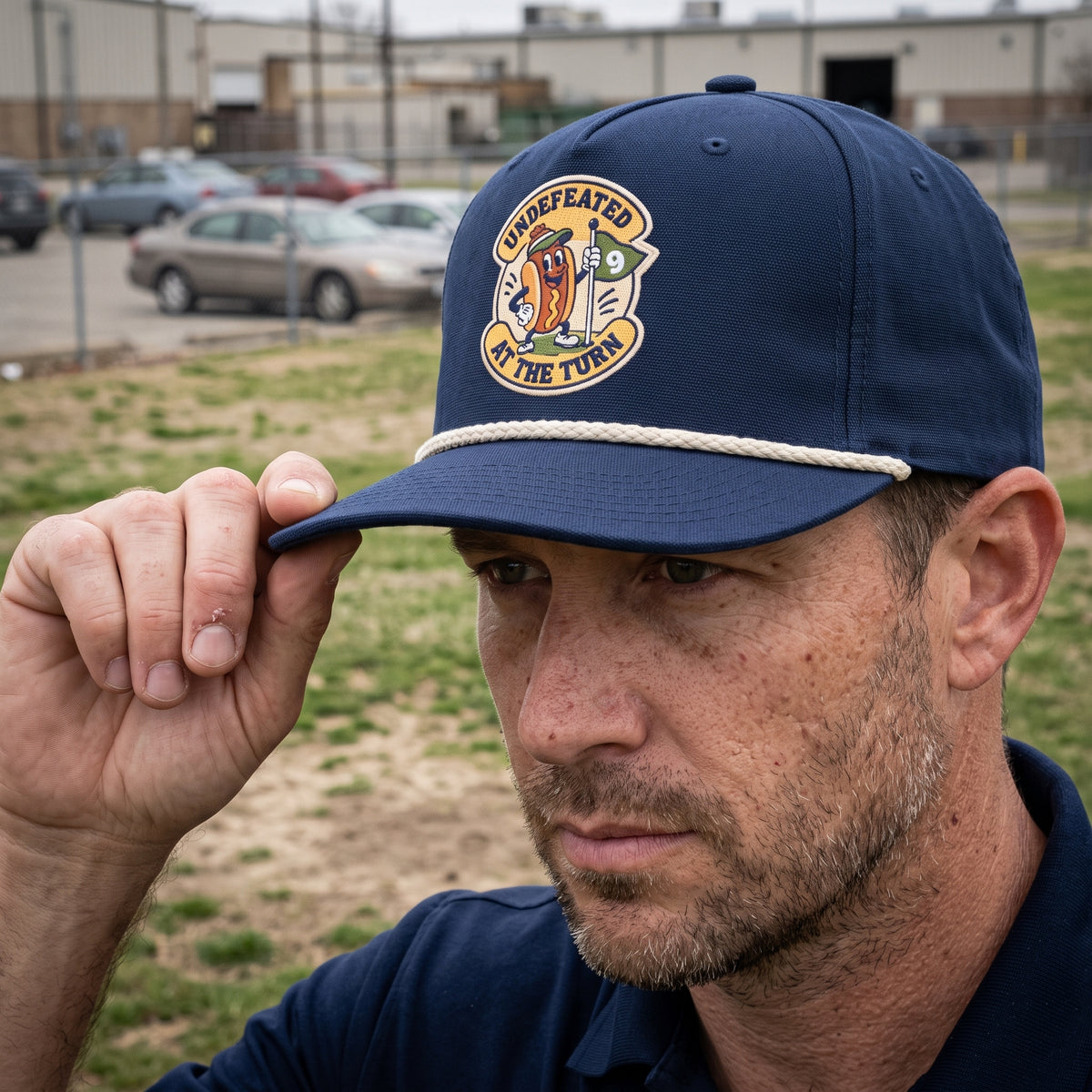 Undefeated at the Turn funny golf rope hat in Navy, worn by a golfer
