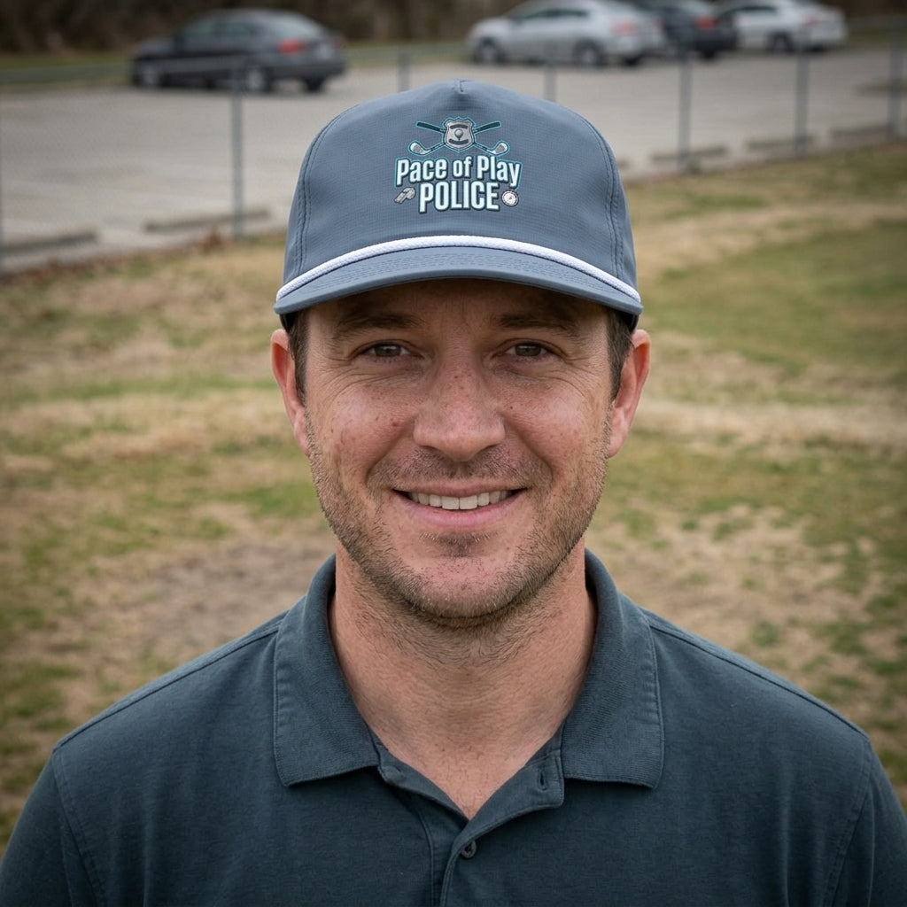 Pace of Play Police rope hat — worn by a golfer