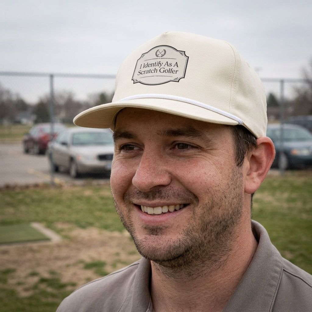 I Identify as a Scratch Golfer rope hat — worn by a golfer
