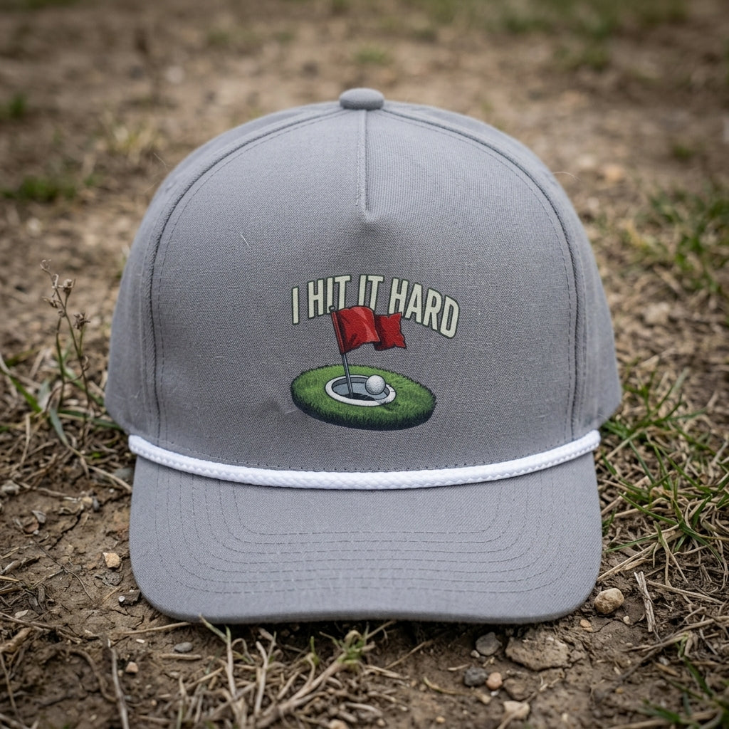 I Hit It Hard funny golf rope hat — design close-up