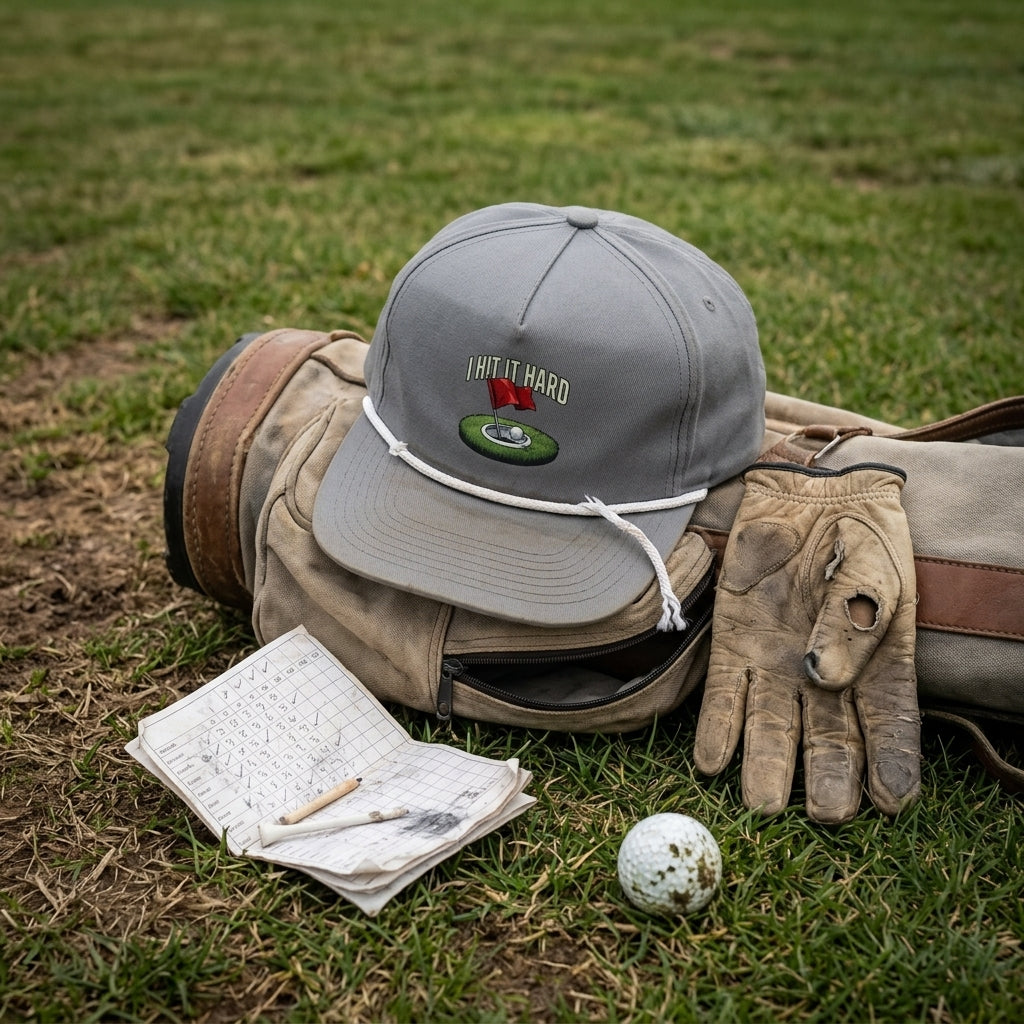 I Hit It Hard rope hat — worn by a golfer