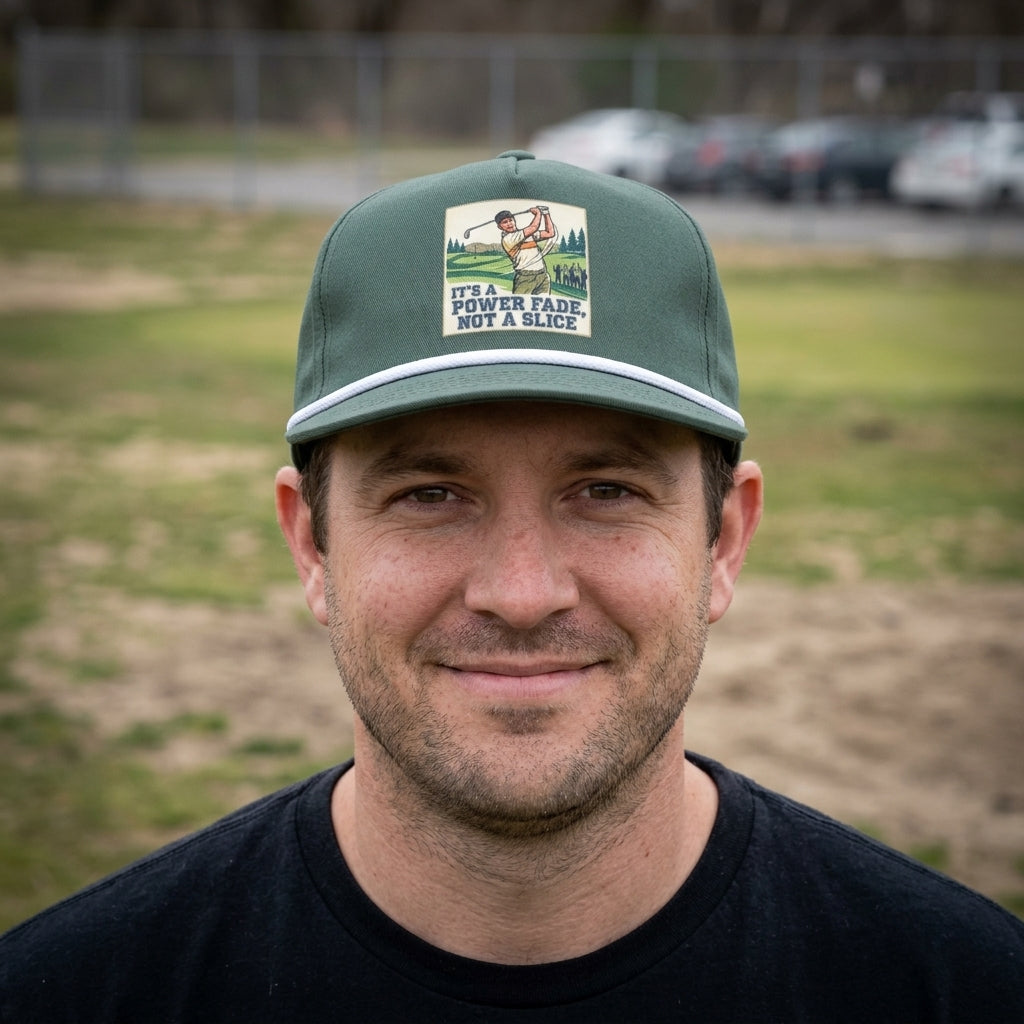 It's a Power Fade (Not a Slice) funny golf rope hat in Moss, worn by a golfer