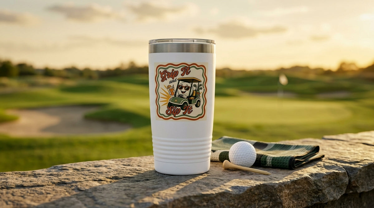 Grip It & Sip It 20oz insulated golf tumbler — lifestyle photo