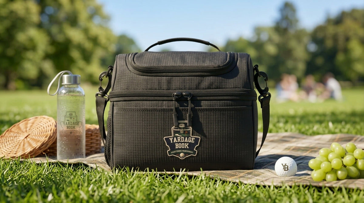 Insulated golf cart cooler bag — lifestyle photo on the golf cart