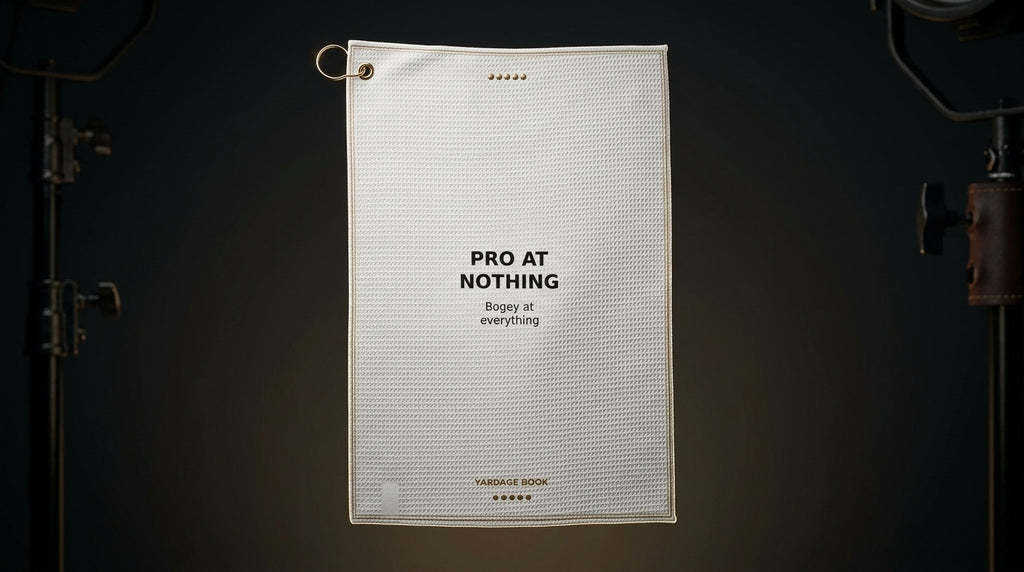 Pro At Nothing funny golf towel — studio hero shot
