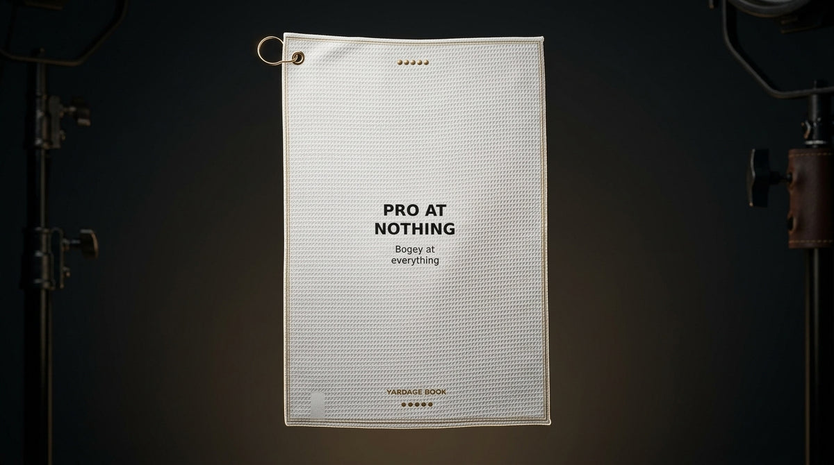 Pro At Nothing funny golf towel — studio hero shot