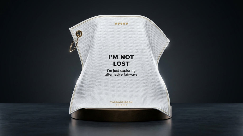 I'm Not Lost funny golf towel — studio hero shot