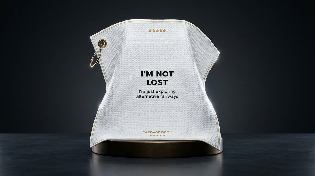 I'm Not Lost funny golf towel — studio hero shot