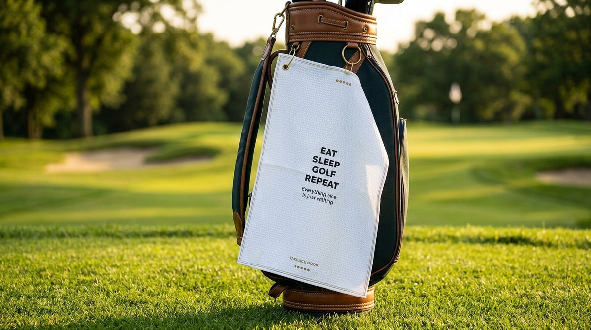Eat Sleep Golf Repeat golf towel — studio hero shot