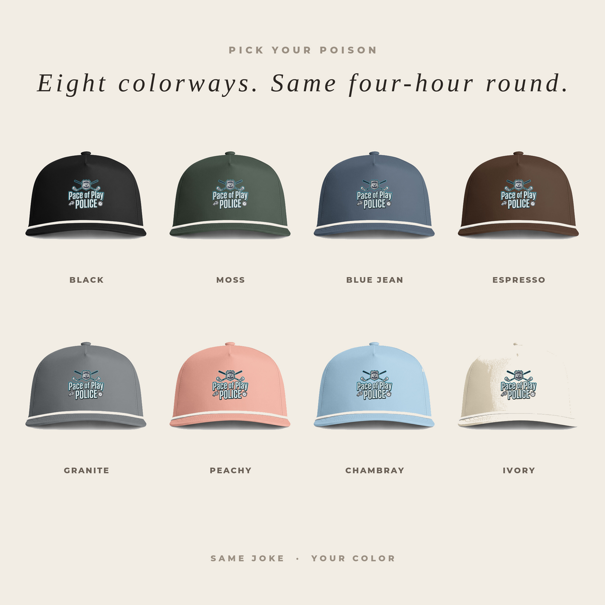 Eight colorways of the Pace of Play Police rope hat — Black, Moss, Blue Jean, Espresso, Granite, Peachy, Chambray, Ivory