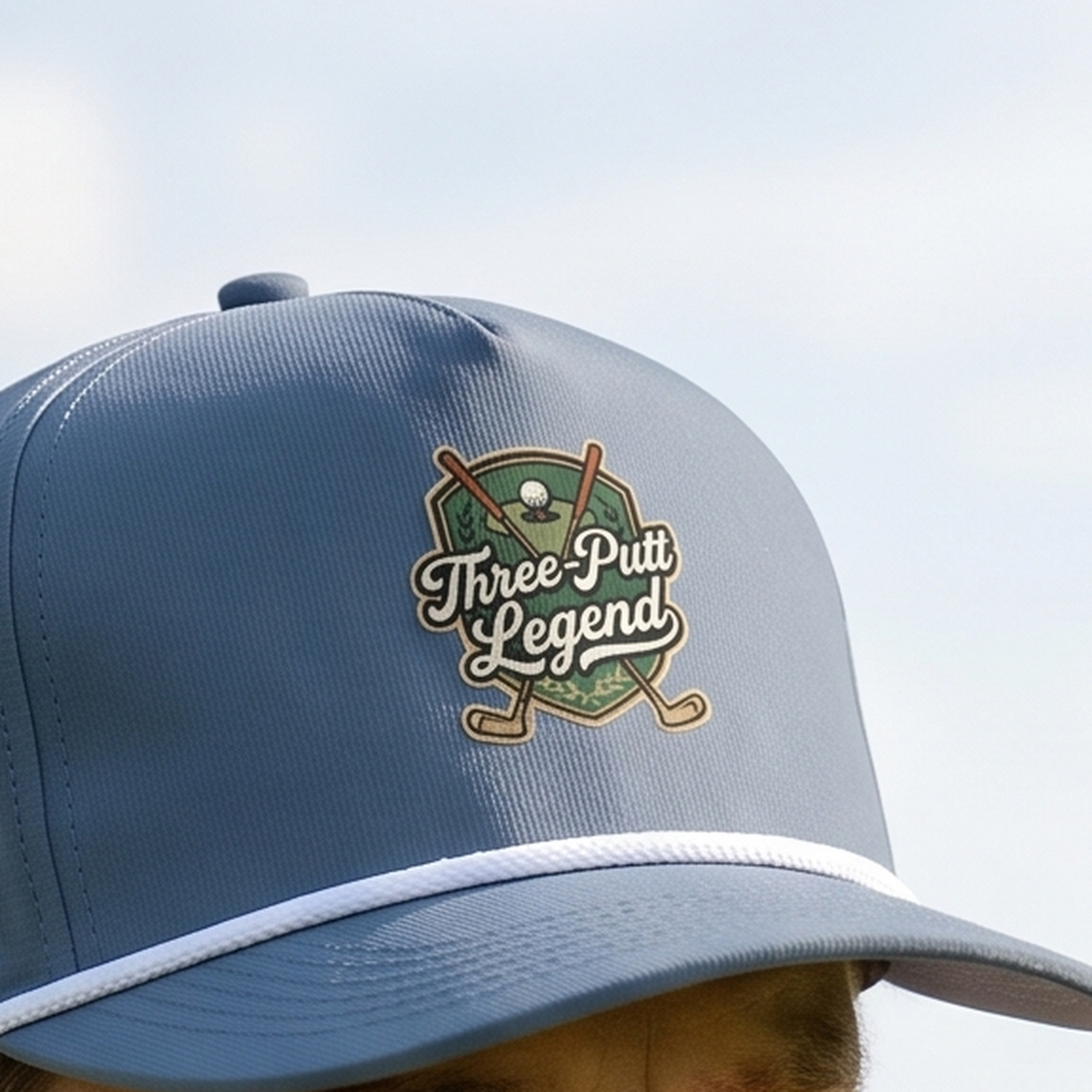 Close-up of the Three-Putt Legend rope hat in Blue Jean, worn outdoors. The crossed-putters crest is printed flat into the twill weave, above a white braided rope.