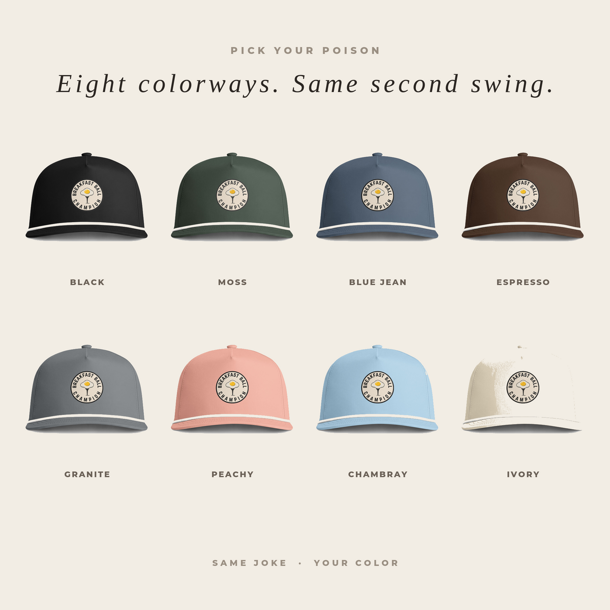 Eight colorways of the Breakfast Ball Champion rope hat — Black, Moss, Blue Jean, Espresso, Granite, Peachy, Chambray, Ivory