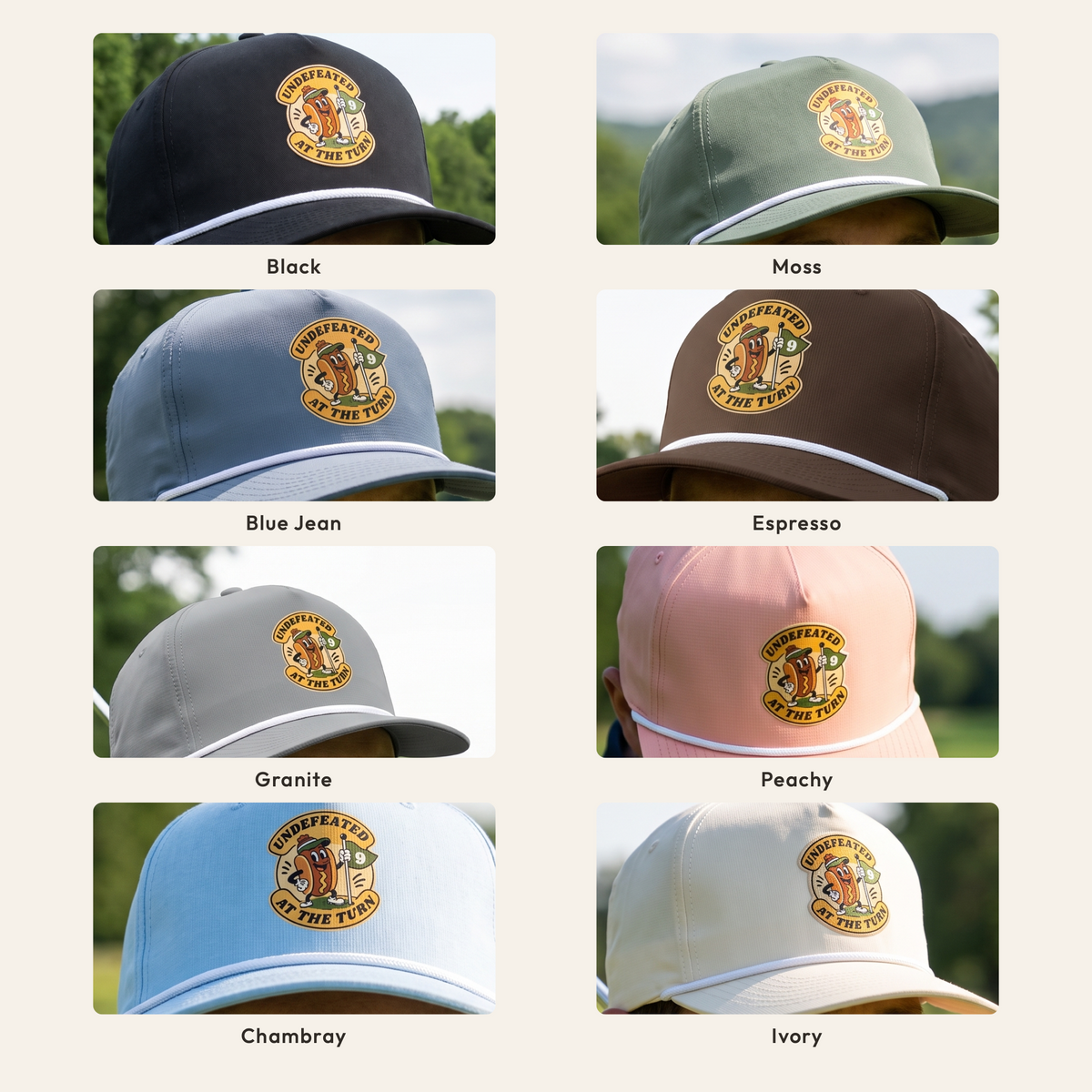 The Undefeated at the Turn rope hat shown in all eight colorways: Black, Moss, Blue Jean, Espresso, Granite, Peachy, Chambray and Ivory, each worn on a golf course with a white braided rope.