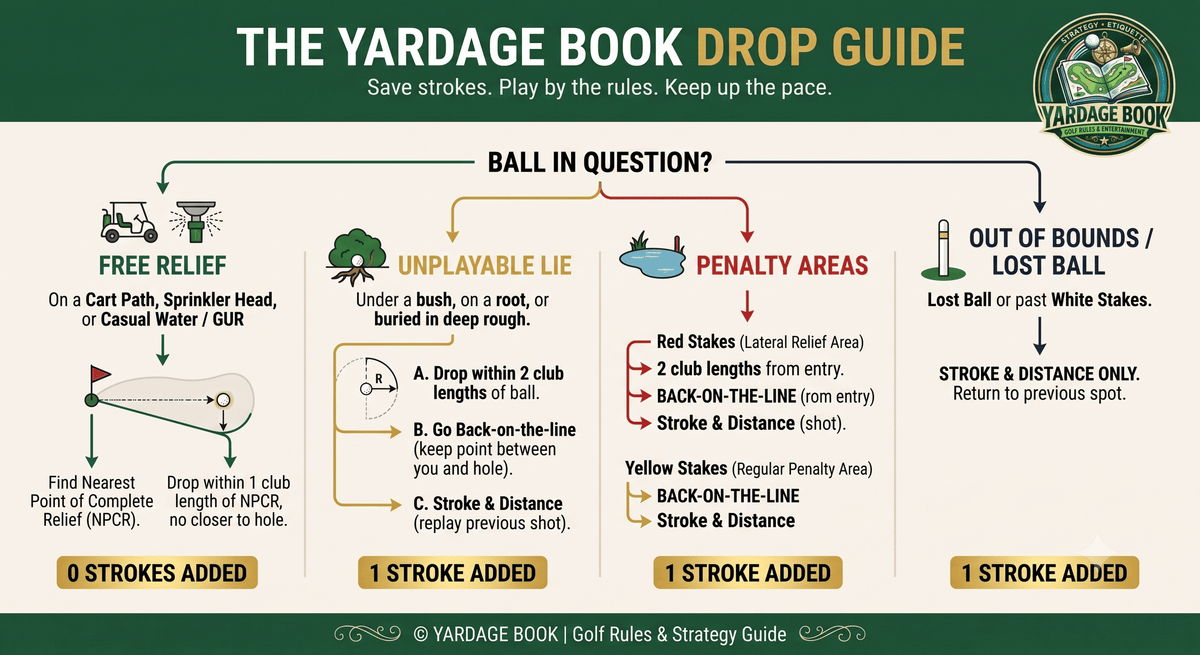 The Yardage Book drop guide: free relief, unplayable lie, penalty areas, and out of bounds or lost ball, with the strokes each one costs.
