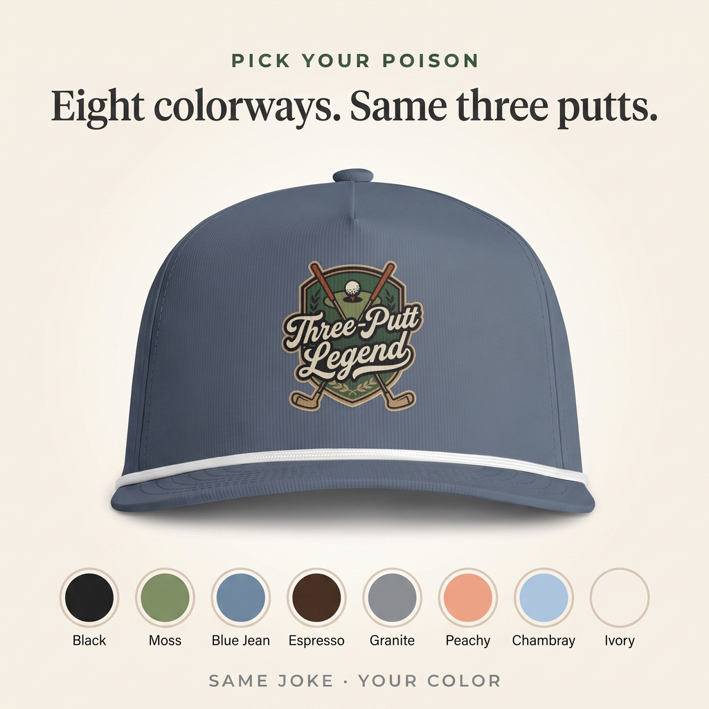 Eight colorways of the Three-Putt Legend rope hat — Black, Moss, Blue Jean, Espresso, Granite, Peachy, Chambray, Ivory