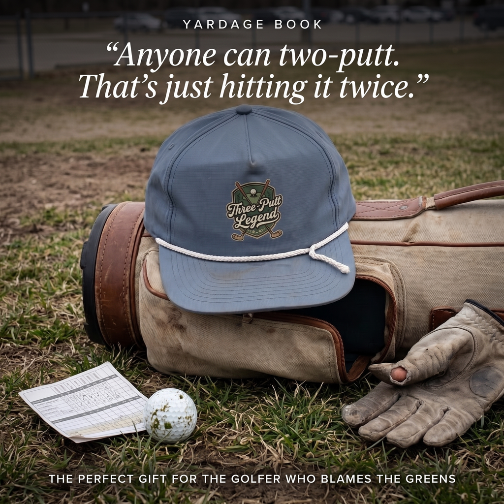 Three-Putt Legend rope hat resting against a vintage golf bag — the perfect funny golf gift