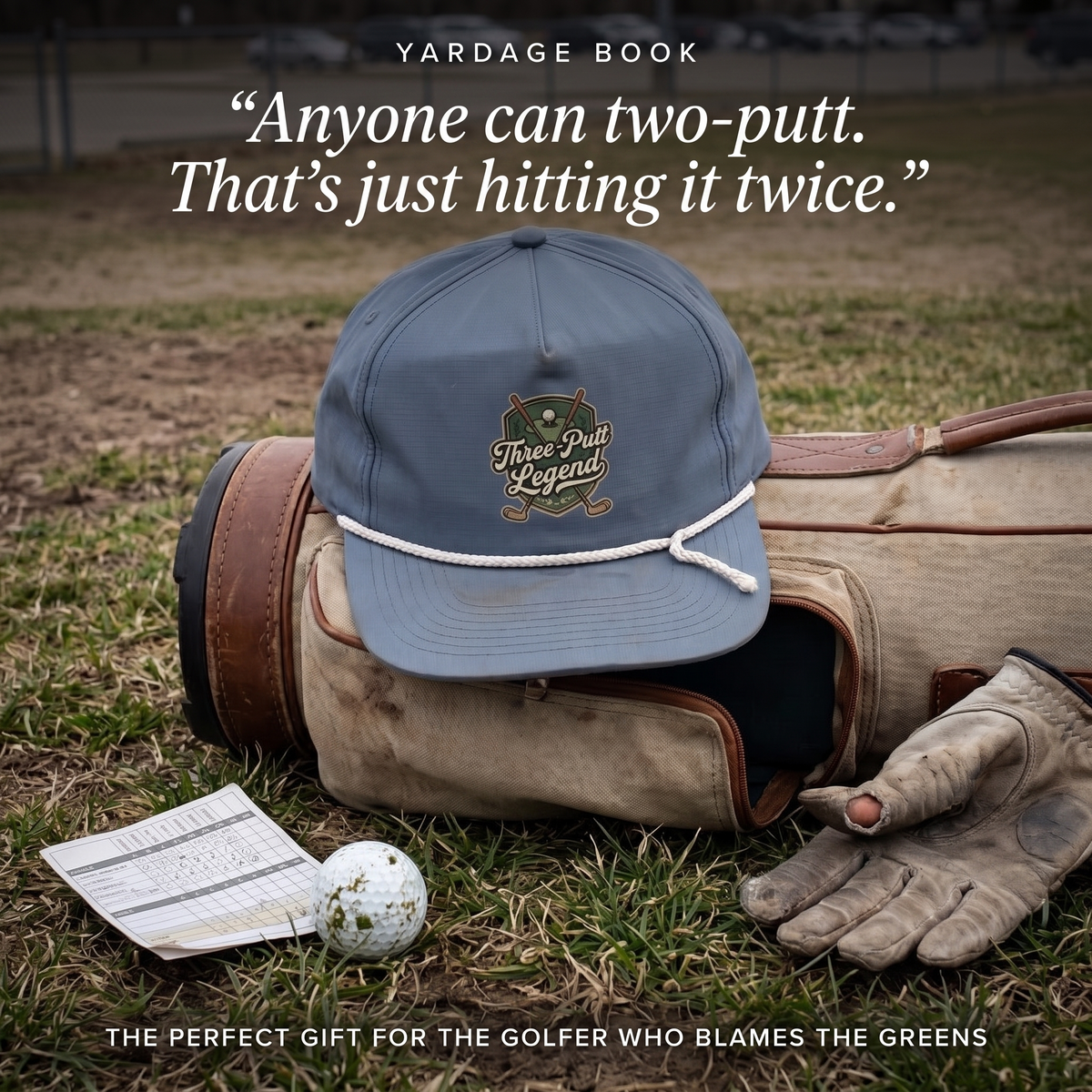 Three-Putt Legend rope hat resting against a vintage golf bag — the perfect funny golf gift