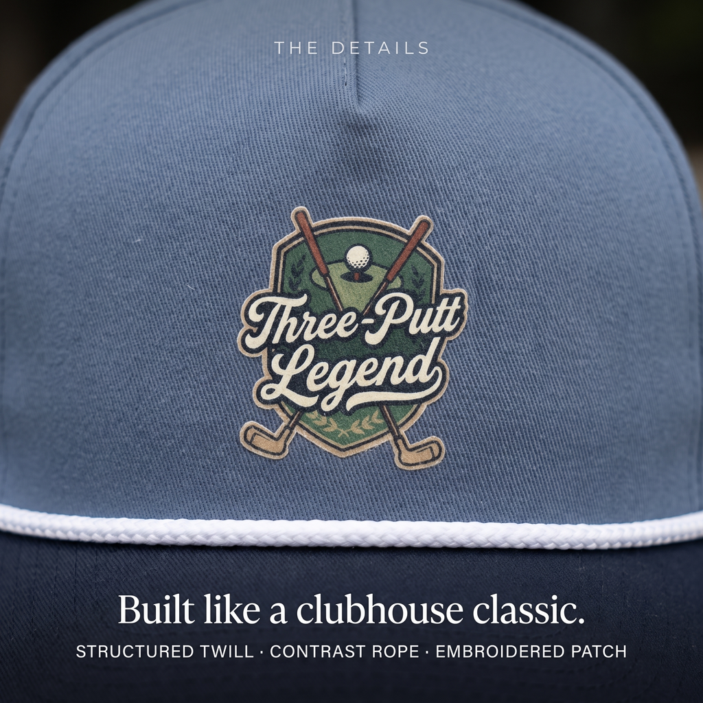 Close-up of the Three-Putt Legend rope hat — structured twill, contrast rope, printed crest