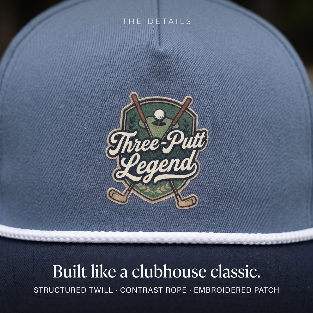 Close-up of the Three-Putt Legend rope hat — structured twill, contrast rope, embroidered crest patch
