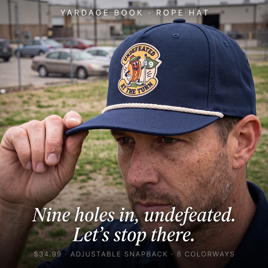 Undefeated at the Turn rope hat worn by a golfer — Nine holes in, undefeated. Let's stop there.