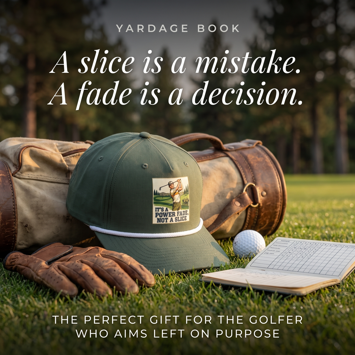 It's a Power Fade rope hat resting against a vintage golf bag — the perfect funny golf gift