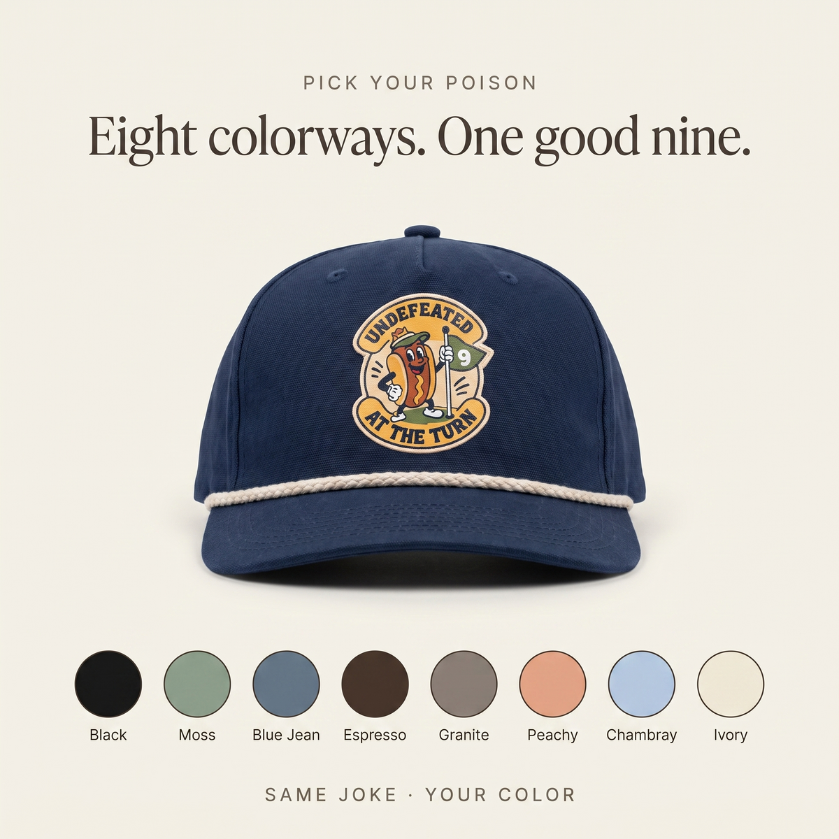 Eight colorways of the Undefeated at the Turn rope hat — Black, Moss, Blue Jean, Espresso, Granite, Peachy, Chambray, Ivory