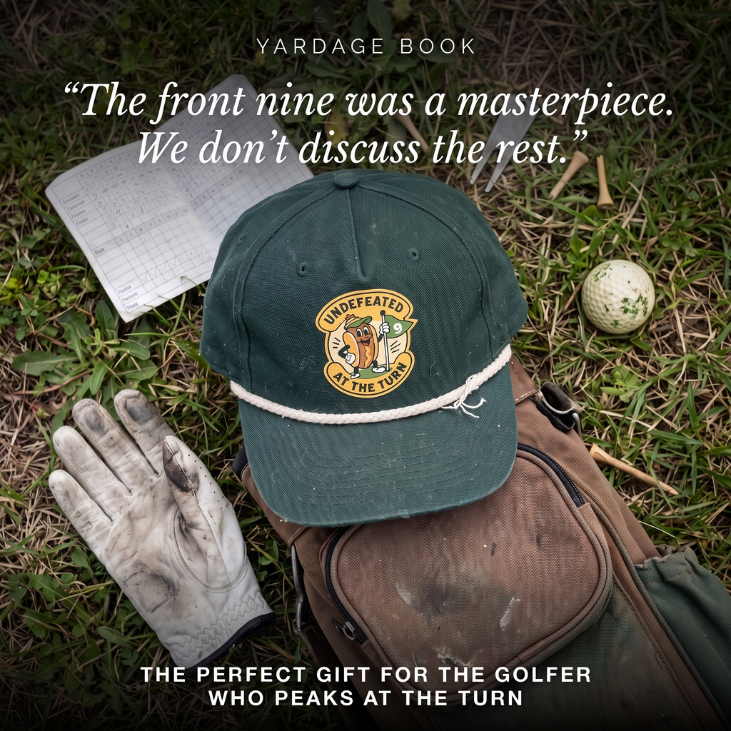Undefeated at the Turn rope hat with a vintage golf bag and glove — the perfect funny golf gift