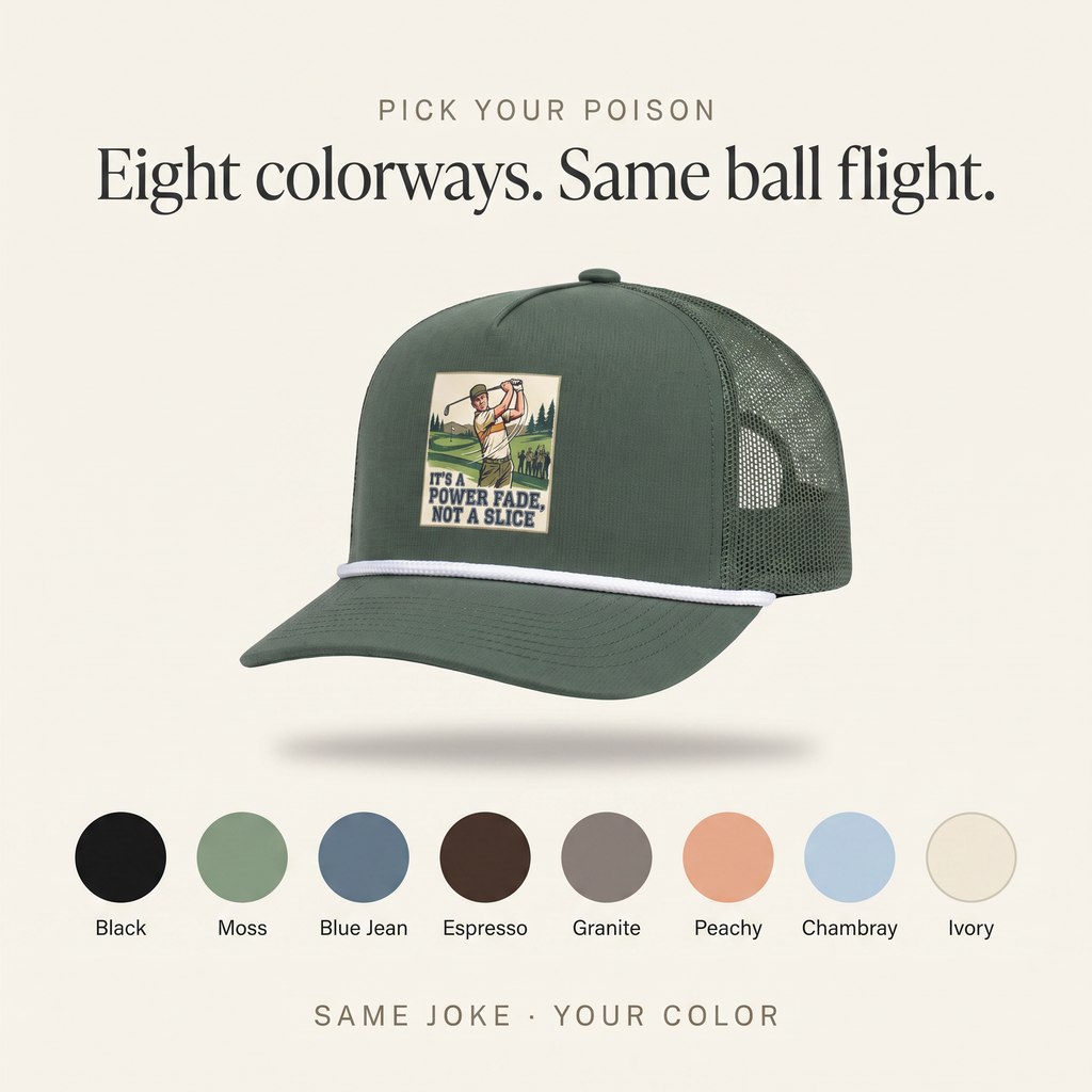 Eight colorways of the It's a Power Fade rope hat — Black, Moss, Blue Jean, Espresso, Granite, Peachy, Chambray, Ivory