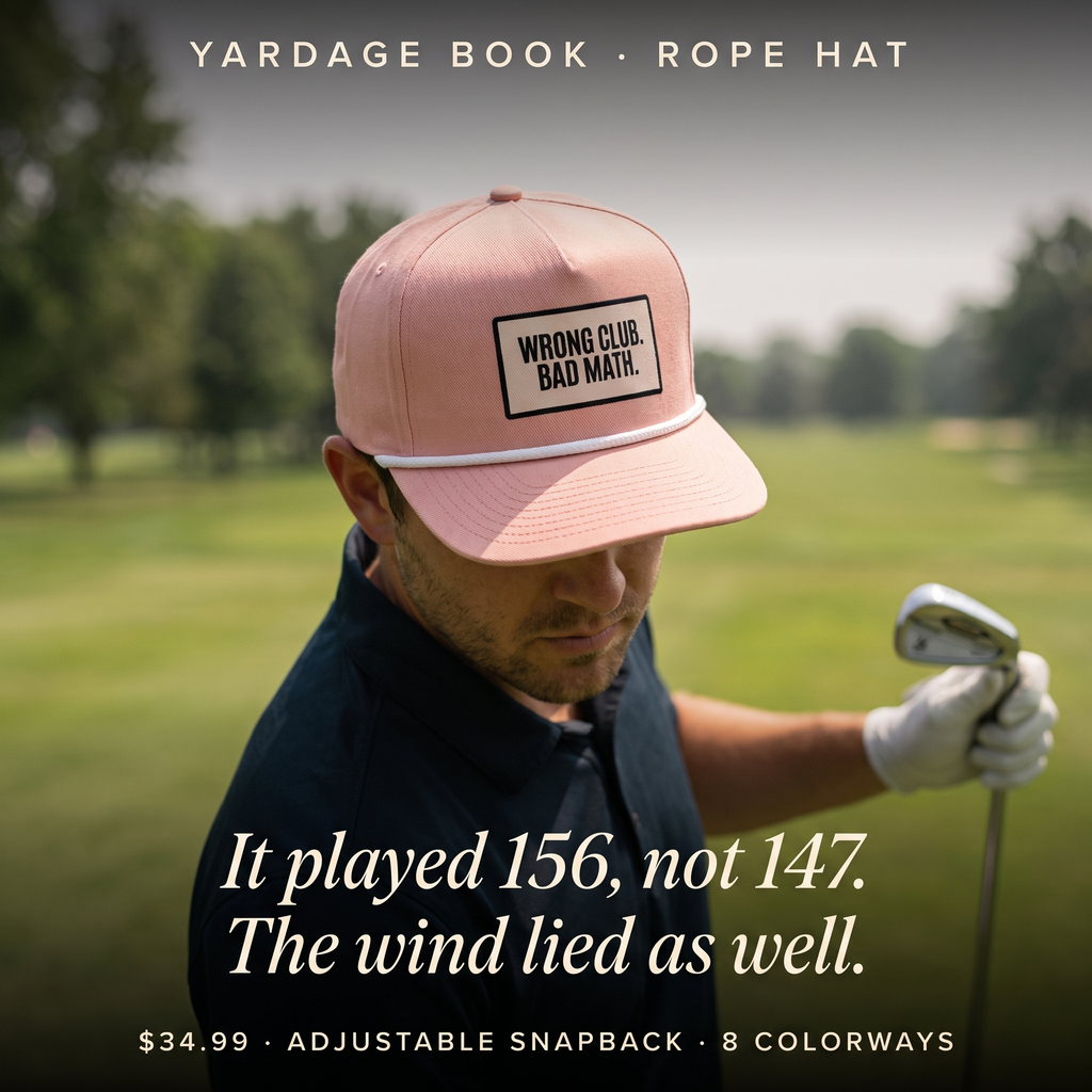 Wrong Club. Bad Math. rope hat worn by a golfer — It played 156, not 147. The wind lied as well.