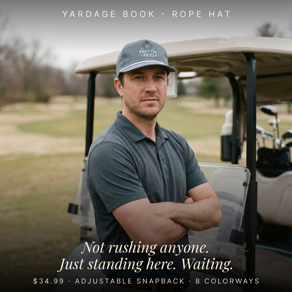 Pace of Play Police rope hat worn by a golfer — Not rushing anyone. Just standing here. Waiting.