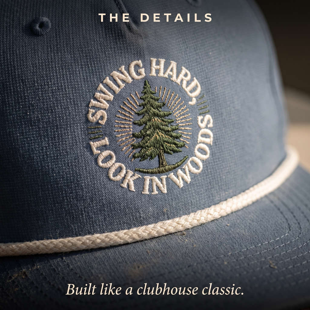 Close-up of the Swing Hard, Look in Woods rope hat — structured twill, contrast rope, printed crest