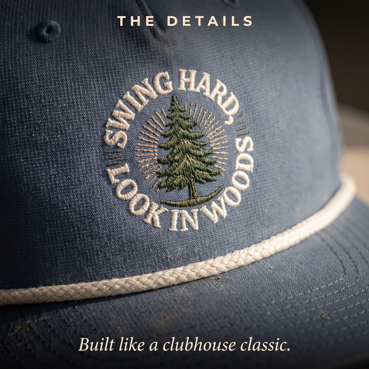 Close-up of the Swing Hard, Look in Woods rope hat — structured twill, contrast rope, embroidered crest