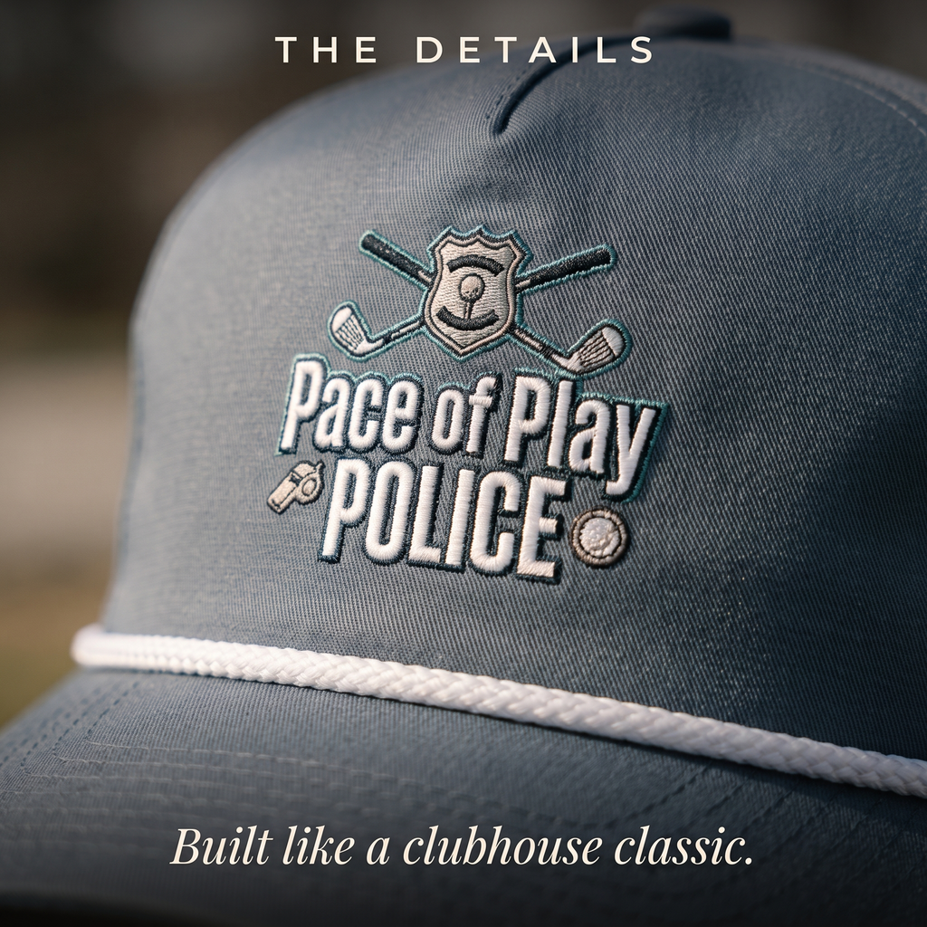 Close-up of the Pace of Play Police rope hat — structured twill, contrast rope, printed crest