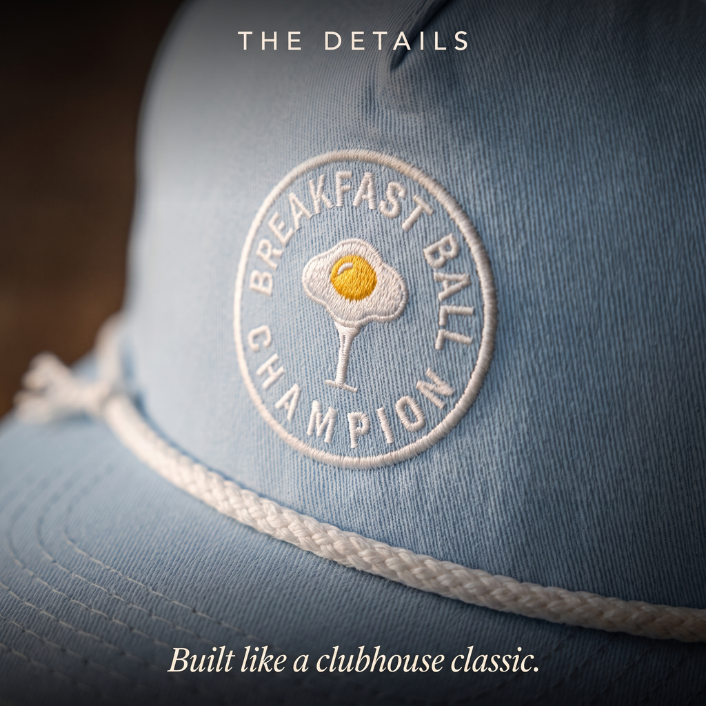 Close-up of the Breakfast Ball Champion rope hat — structured twill, contrast rope, printed crest