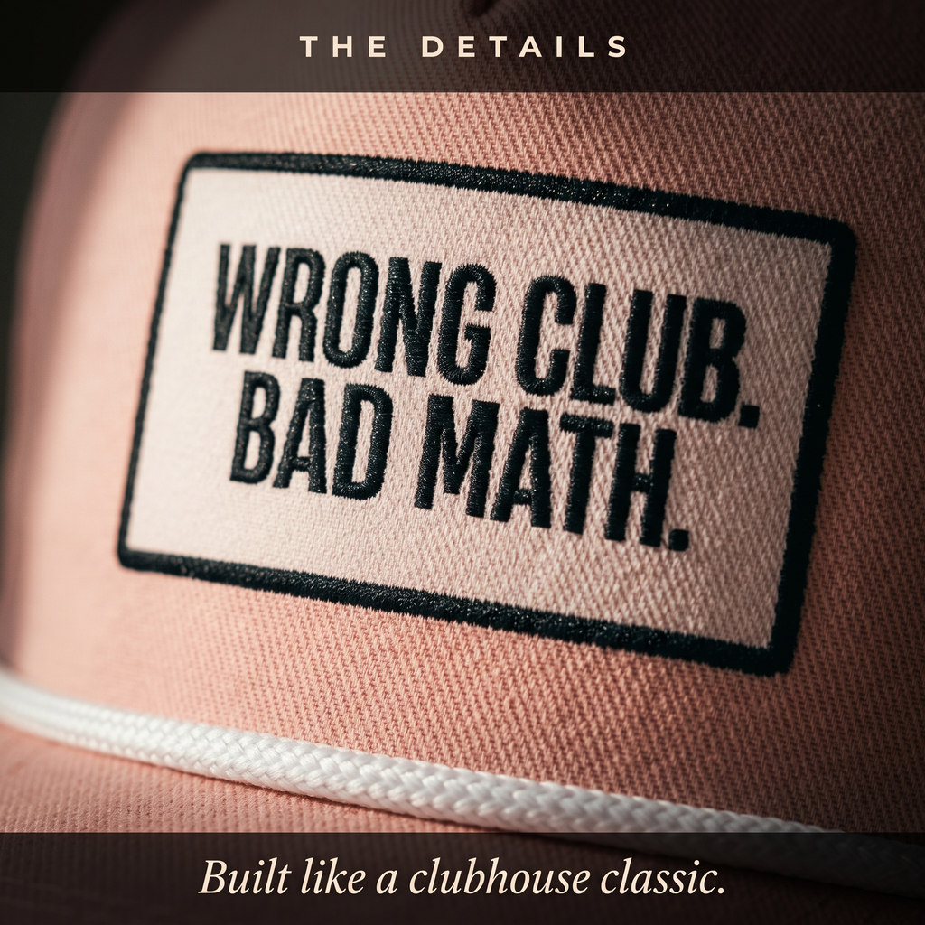 Close-up of the Wrong Club. Bad Math. rope hat — structured twill, contrast rope, embroidered crest