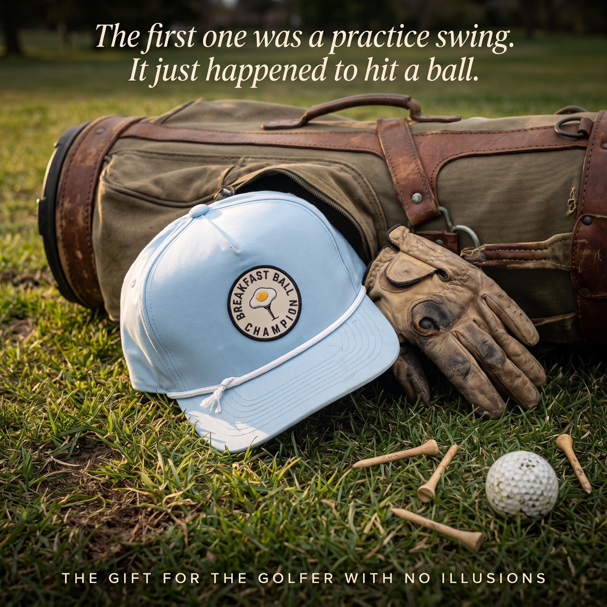 Breakfast Ball Champion rope hat resting against a vintage golf bag — the perfect funny golf gift