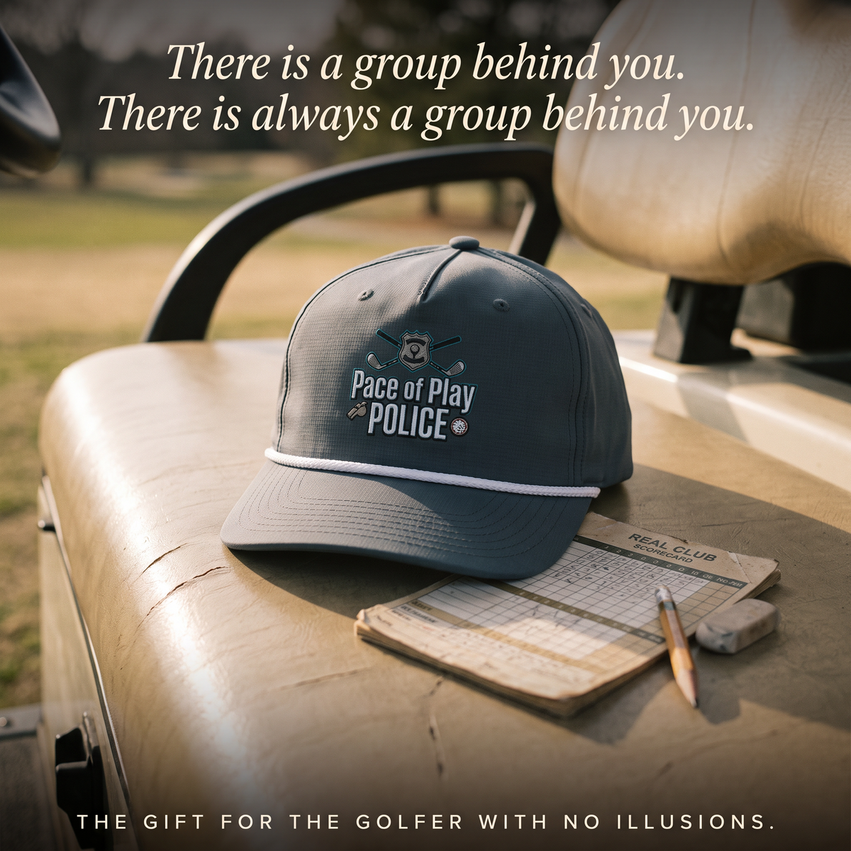 Pace of Play Police rope hat resting on a golf cart seat — the perfect funny golf gift