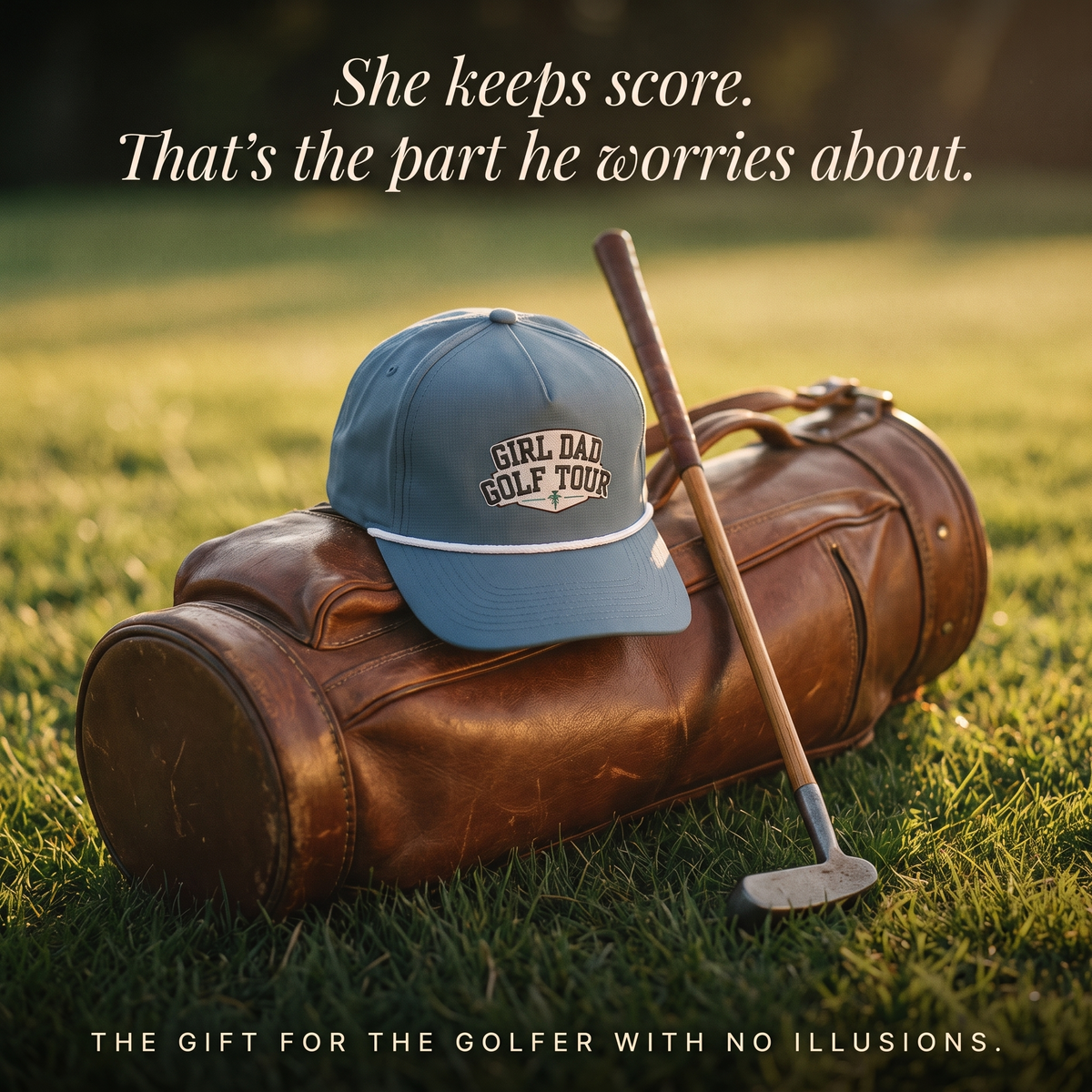 Girl Dad Golf Tour rope hat resting against a golf bag — the perfect gift for a golfing dad