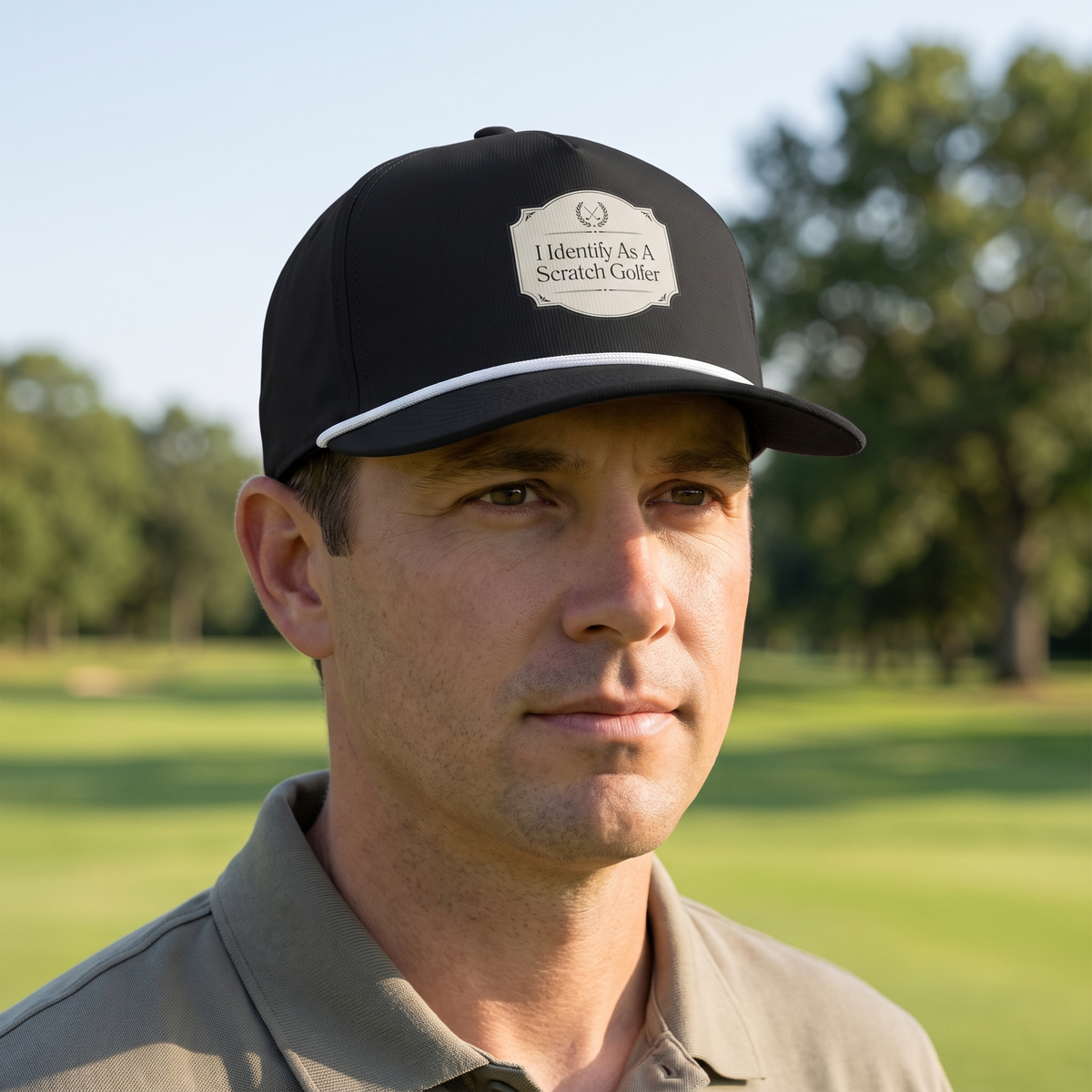 A golfer on a golf course wearing the I Identify as a Scratch Golfer rope hat in Black with a white rope.