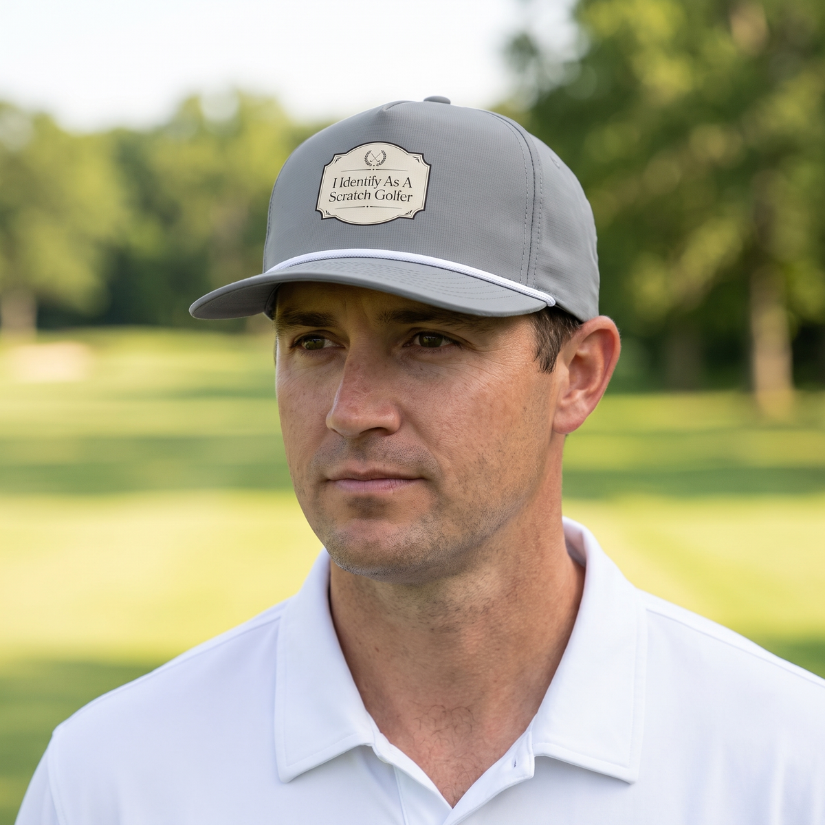 A golfer on a golf course wearing the I Identify as a Scratch Golfer rope hat in Granite with a white rope.