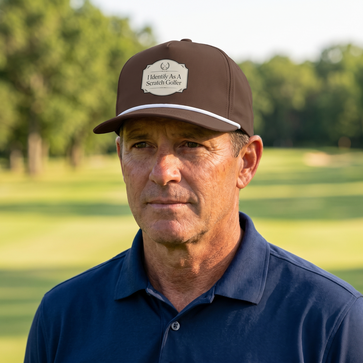 A golfer on a golf course wearing the I Identify as a Scratch Golfer rope hat in Espresso with a white rope.