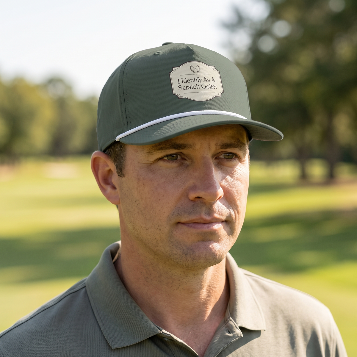 A golfer on a golf course wearing the I Identify as a Scratch Golfer rope hat in Moss with a white rope.