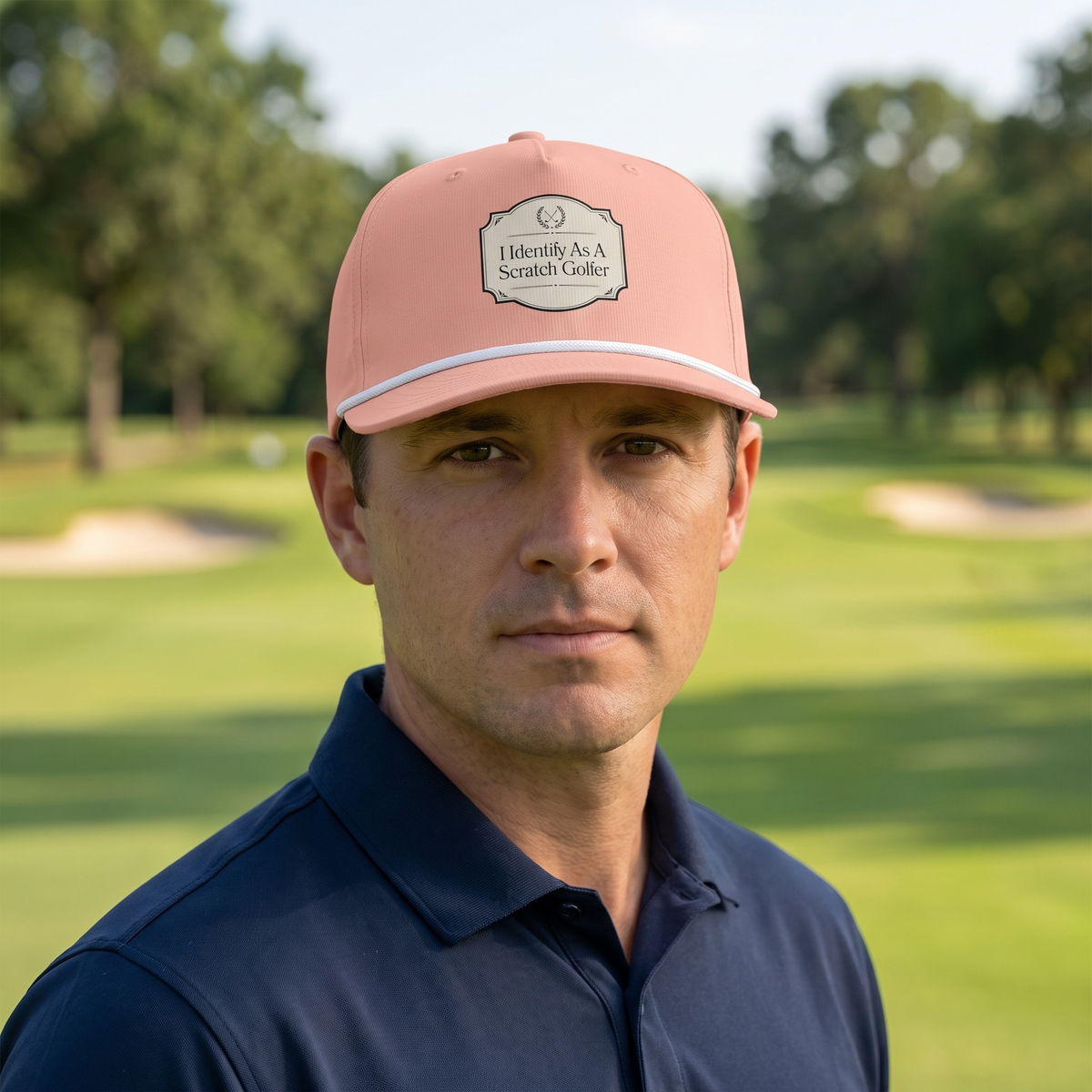 A golfer on a golf course wearing the I Identify as a Scratch Golfer rope hat in Peachy with a white rope.