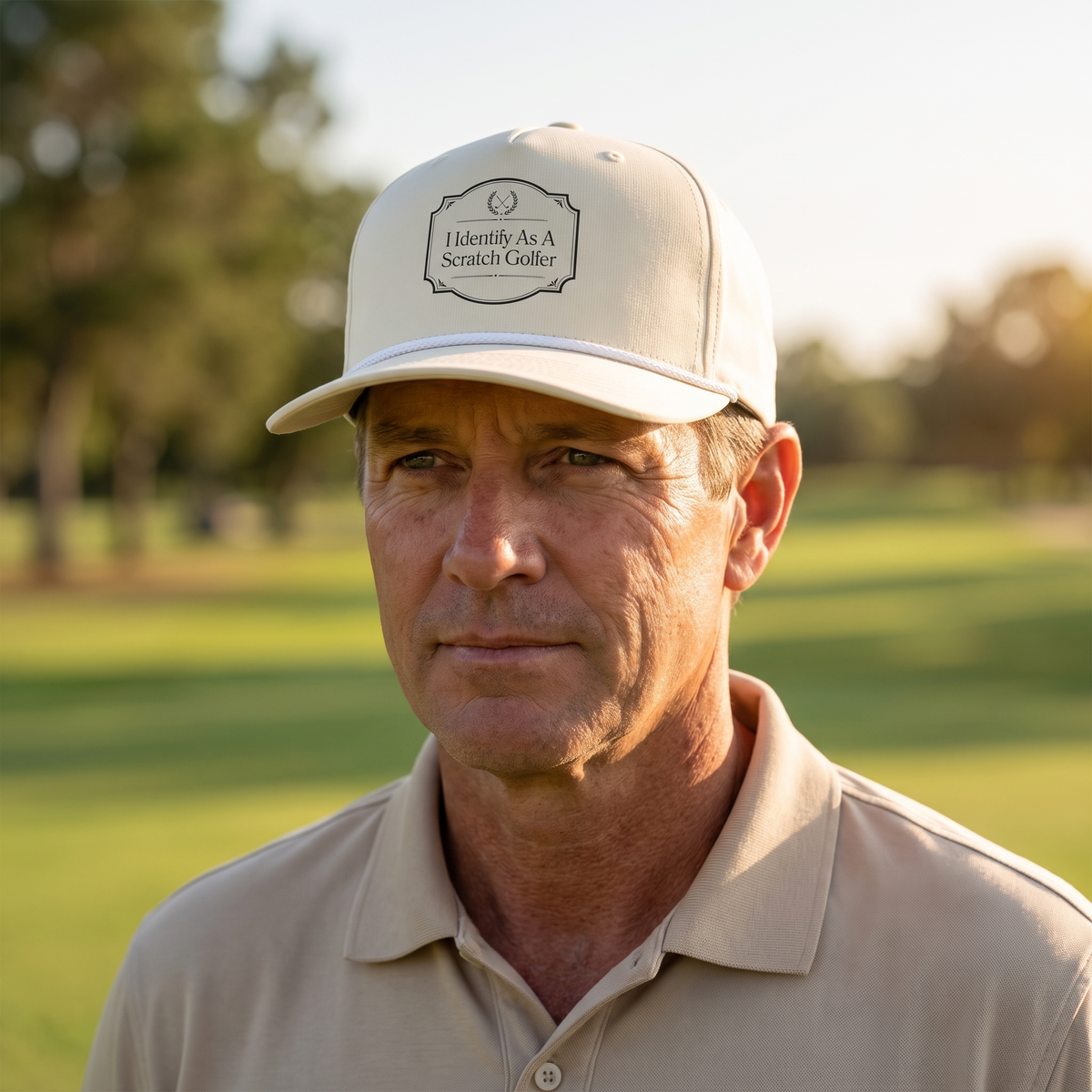 A golfer on a golf course wearing the I Identify as a Scratch Golfer rope hat in Ivory with a white rope.