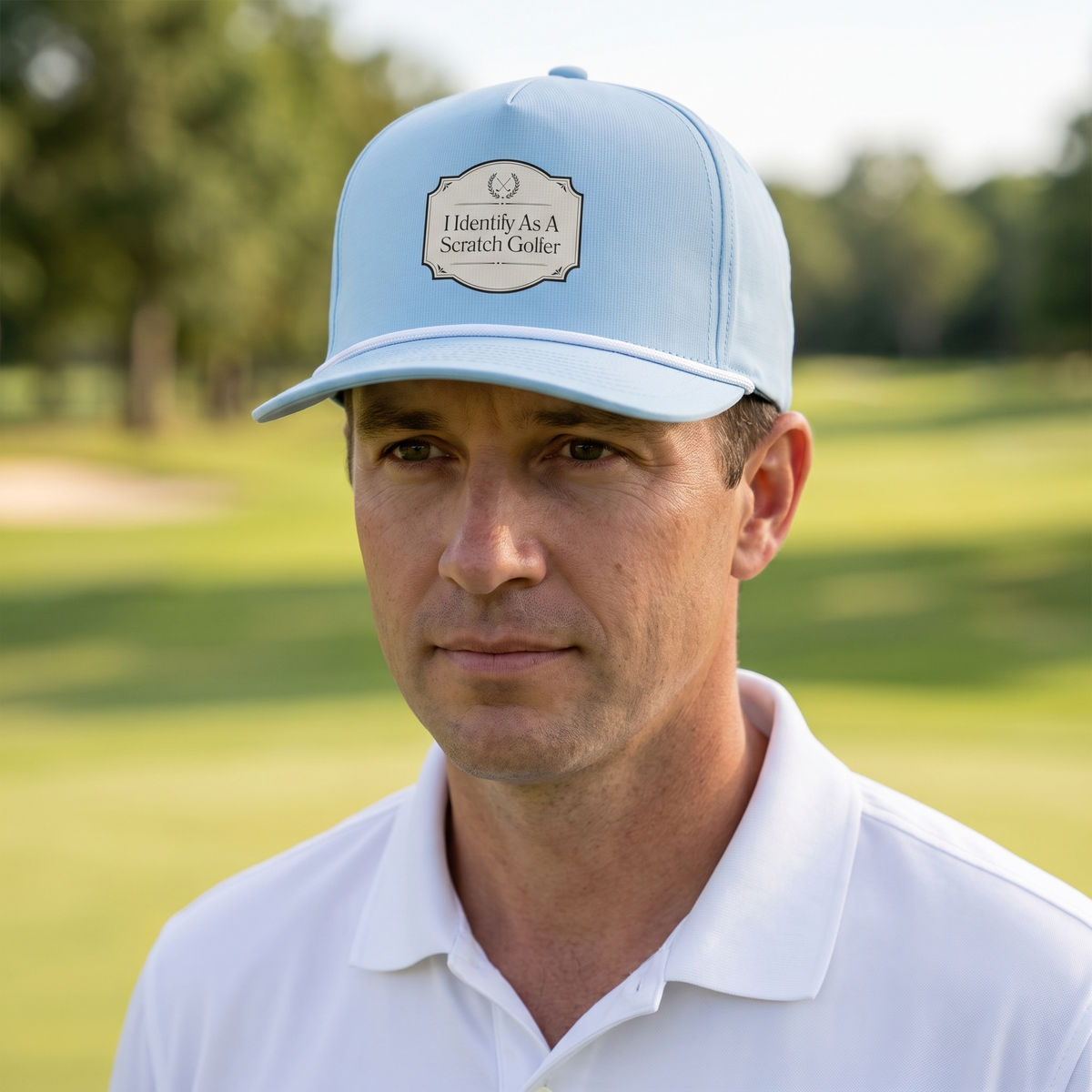 A golfer on a golf course wearing the I Identify as a Scratch Golfer rope hat in Chambray with a white rope.
