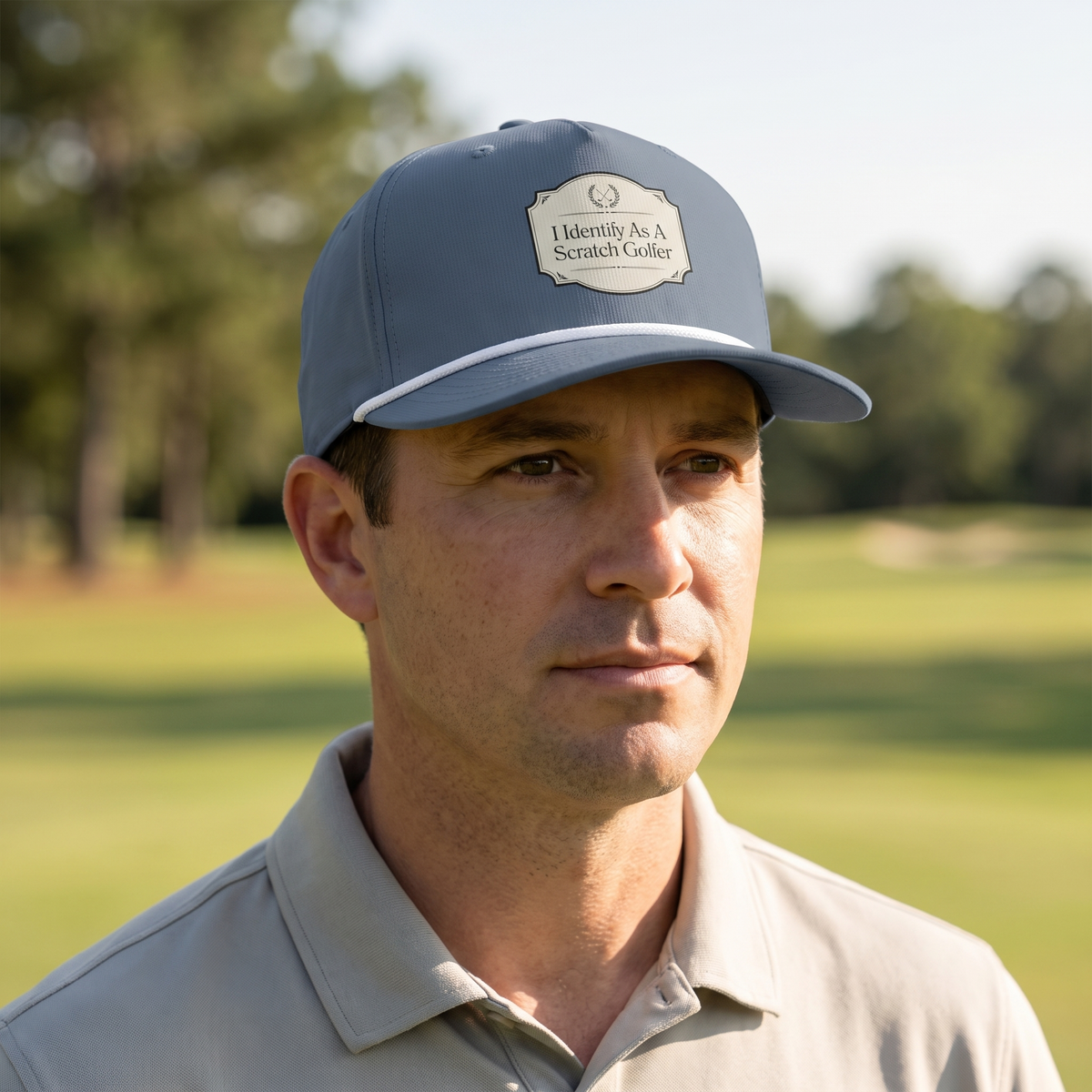 A golfer on a golf course wearing the I Identify as a Scratch Golfer rope hat in Blue Jean with a white rope.