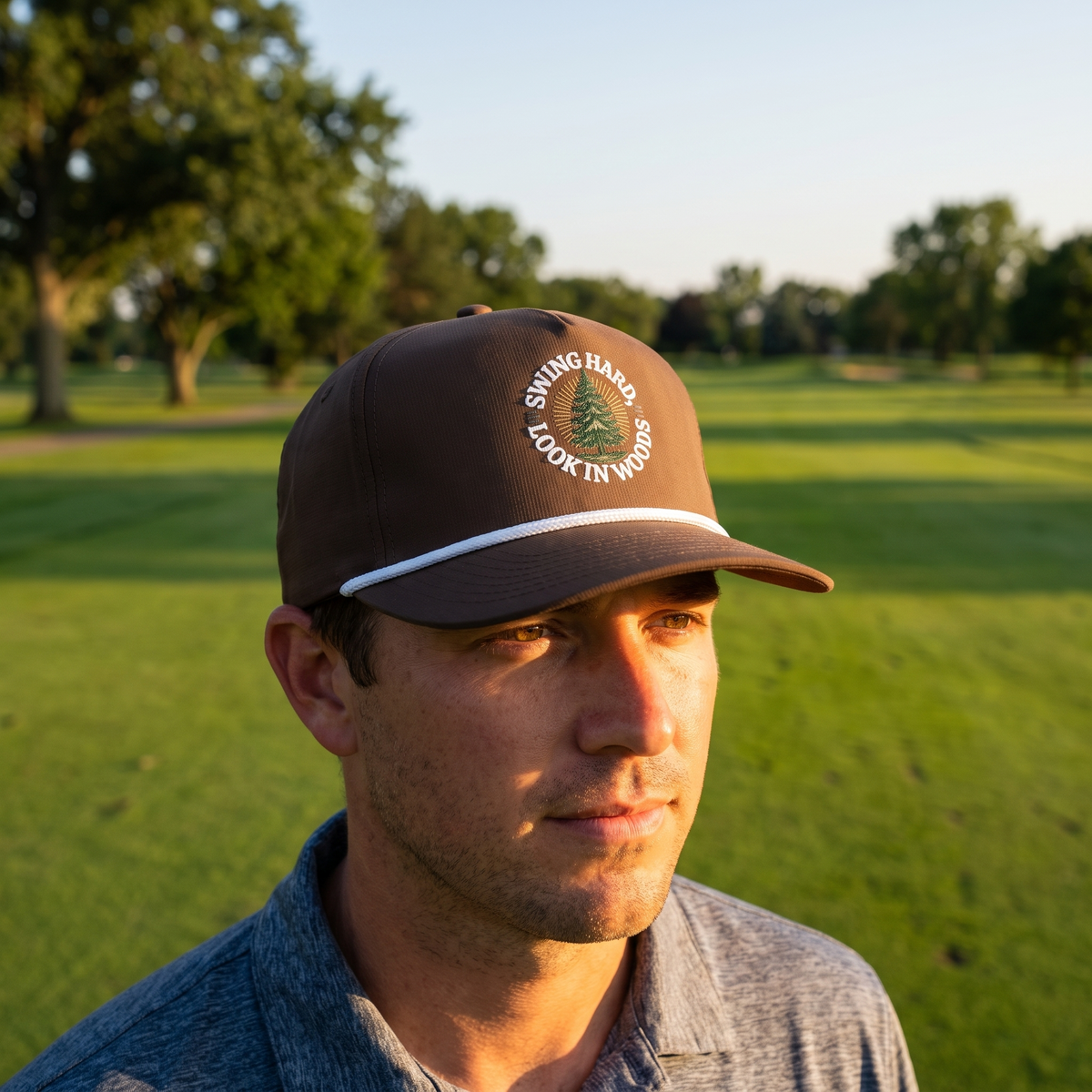 A golfer on a golf course wearing the Swing Hard, Look in Woods rope hat in Espresso with a white rope.