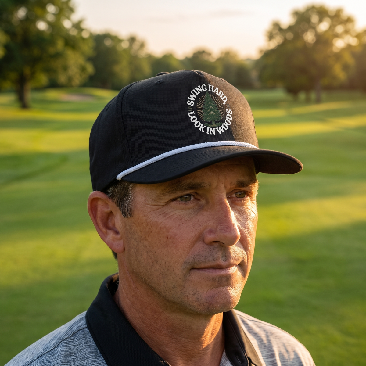 A golfer on a golf course wearing the Swing Hard, Look in Woods rope hat in Black with a white rope.